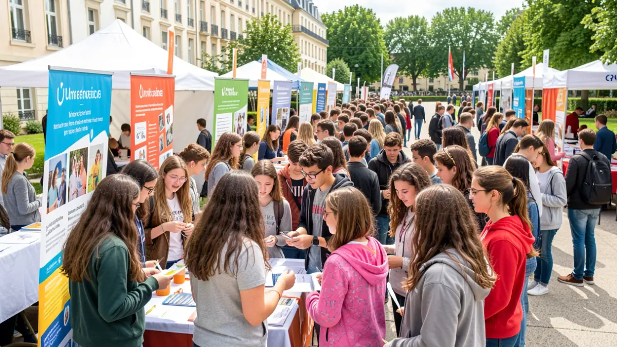 Image générique de jeunes étudiants participant à un forum associatif sur un campus universitaire en Île-de-France.