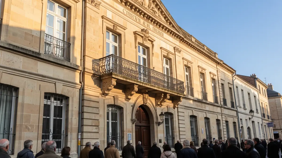 Generic image of a stone town hall facade with an ornate balcony and iron railings, lit by the warm light of an autumn afternoon.