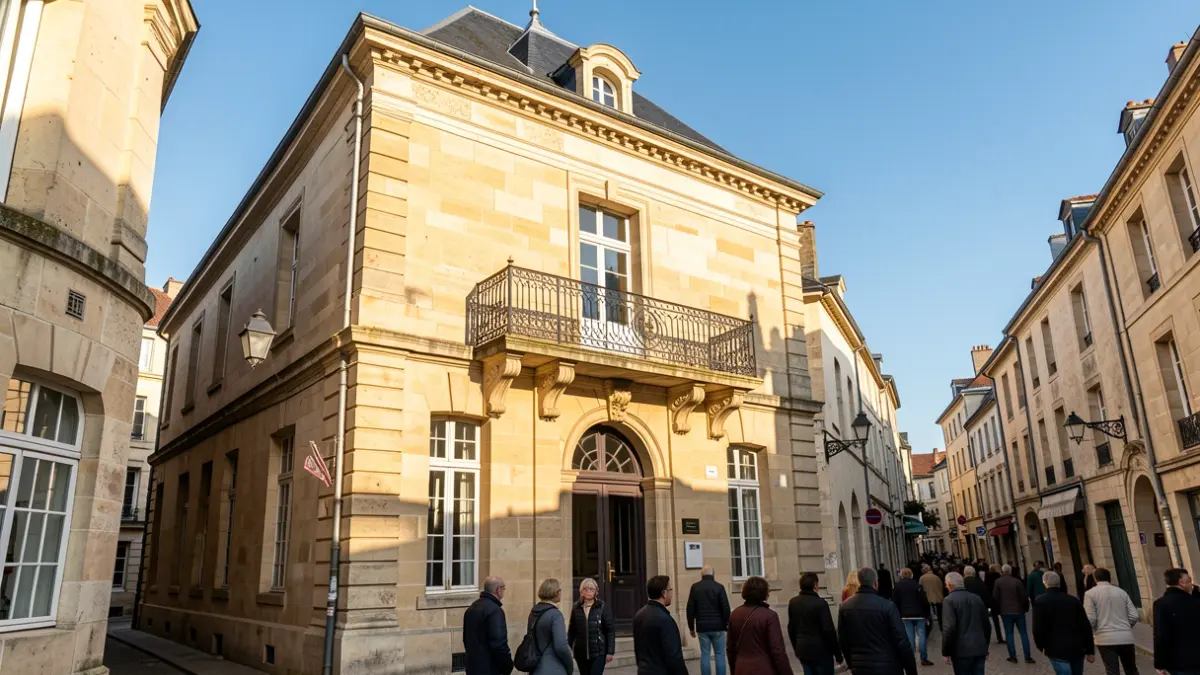 Façade d'un hôtel de ville traditionnel en pierre de la région Île-de-France, avec balcon orné et balustrade en fer forgé, sous un ciel bleu.