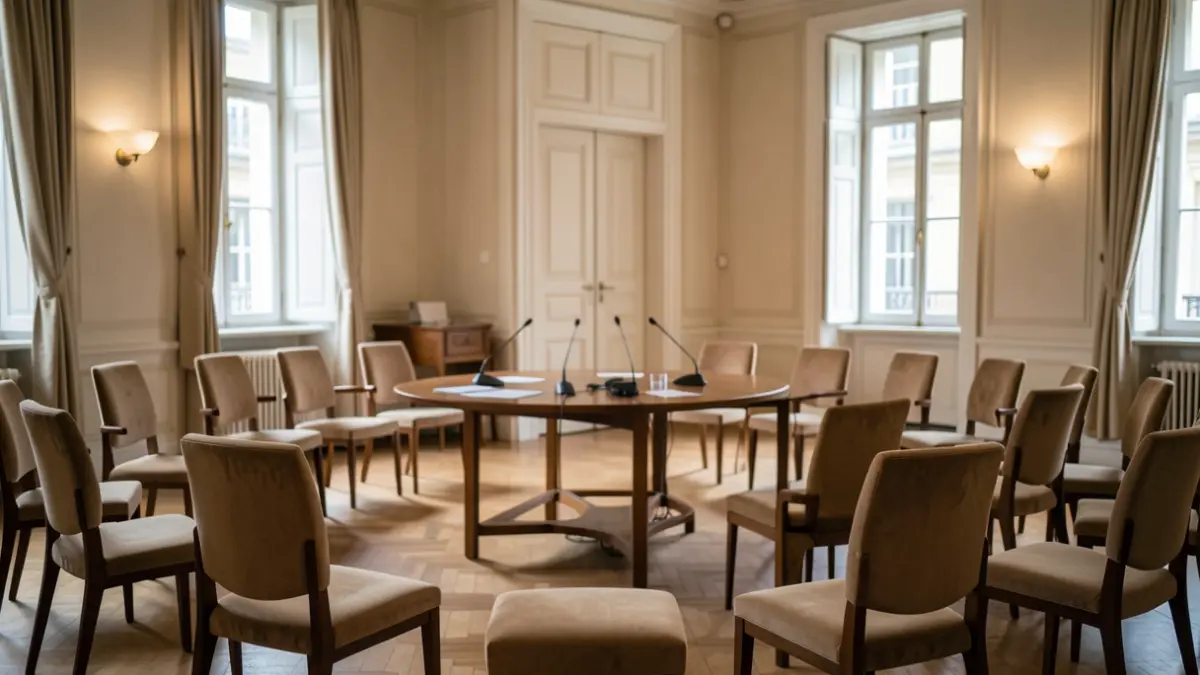 Salle de réunion publique dans une mairie d'Île-de-France, chaises disposées en demi-cercle.
