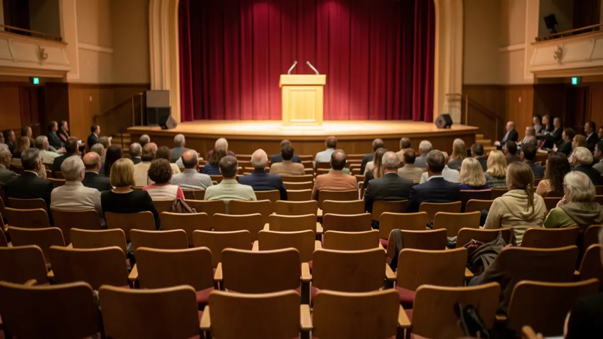 Generic image of a public meeting hall with empty chairs and a stage.