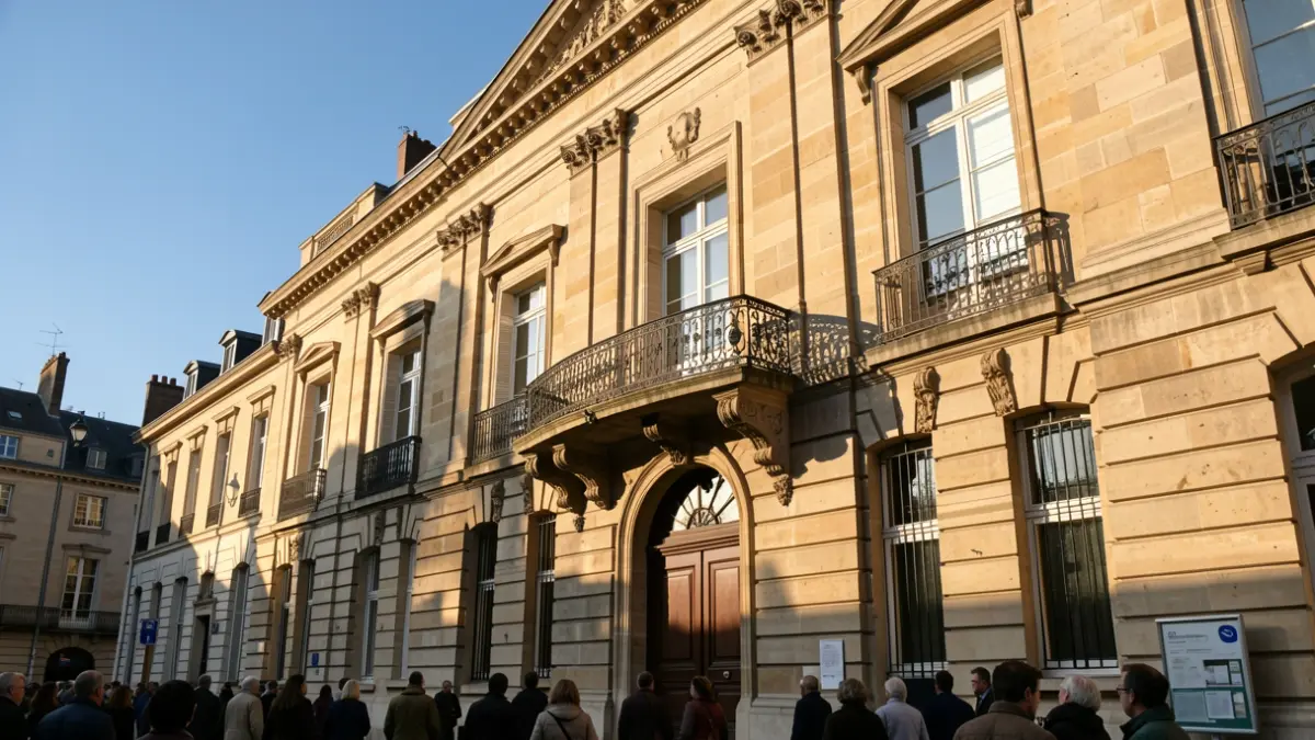 Image générique de la façade d'une mairie en pierre de style haussmannien, avec balcon et rambardes en fer forgé, sous un soleil d'après-midi.