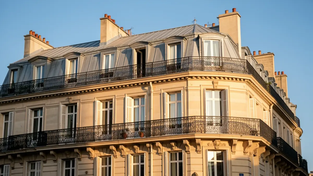 Façade d'un immeuble haussmannien parisien avec balcons et toits en zinc, sous le soleil d'après-midi.