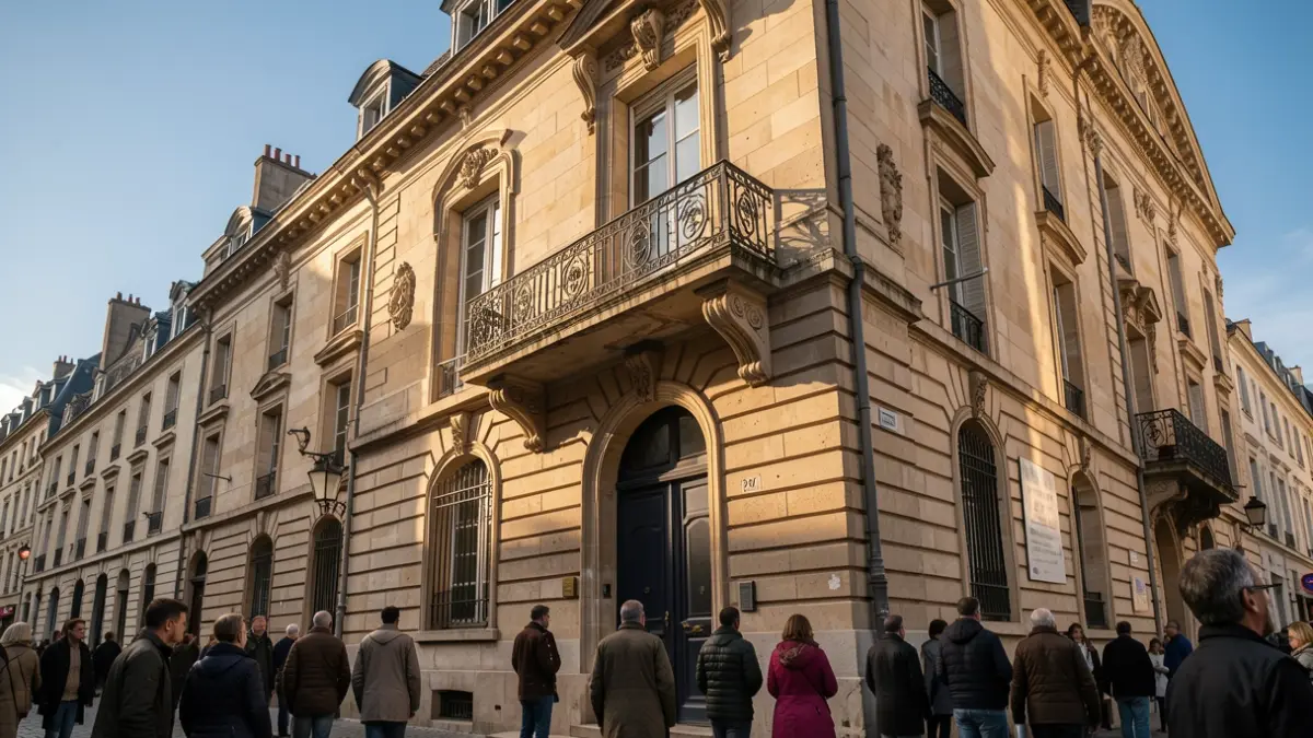 Image générique de la façade d'un hôtel de ville en pierre avec balcon orné et ciel bleu.