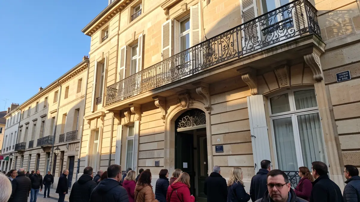 Façade en pierre d'un hôtel de ville français avec balcon orné et balustrade en fer forgé, soleil d'après-midi chaud projetant des ombres sur les murs en grès, ciel bleu.