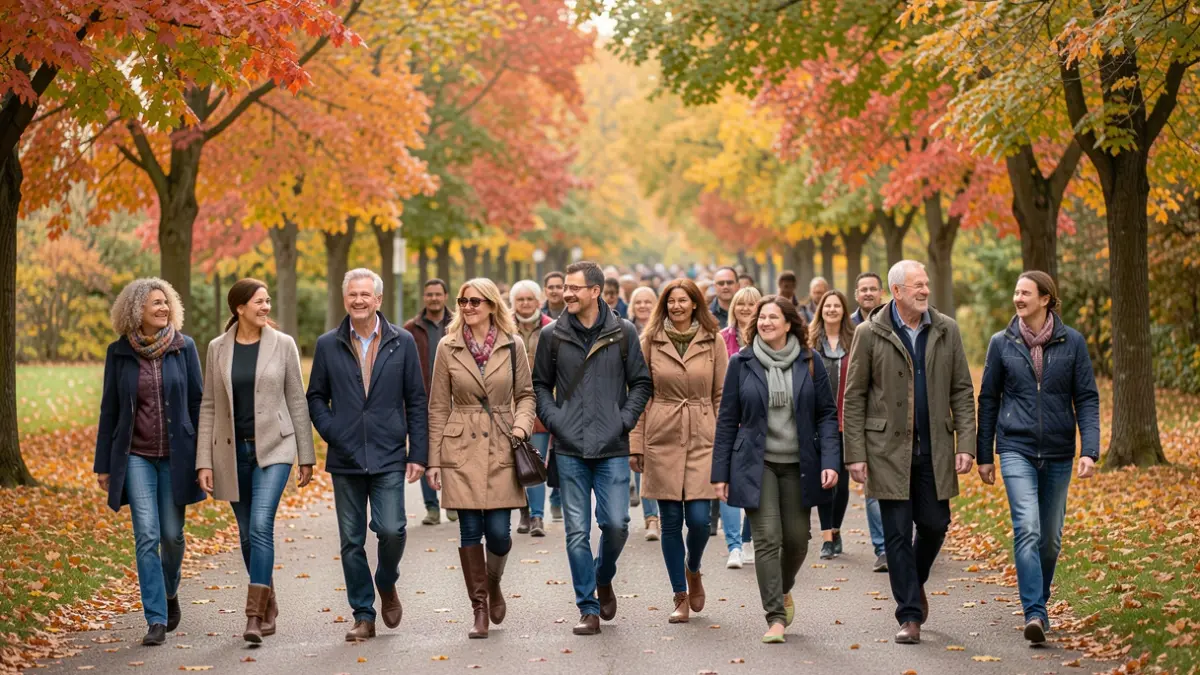 Image générique de participants à une marche solidaire en automne.