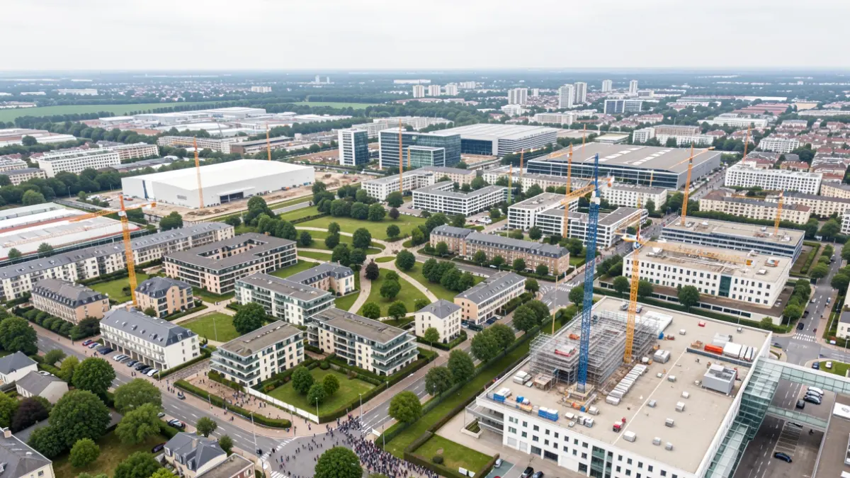 Vue aérienne d'un grand projet d'aménagement urbain en Île-de-France.