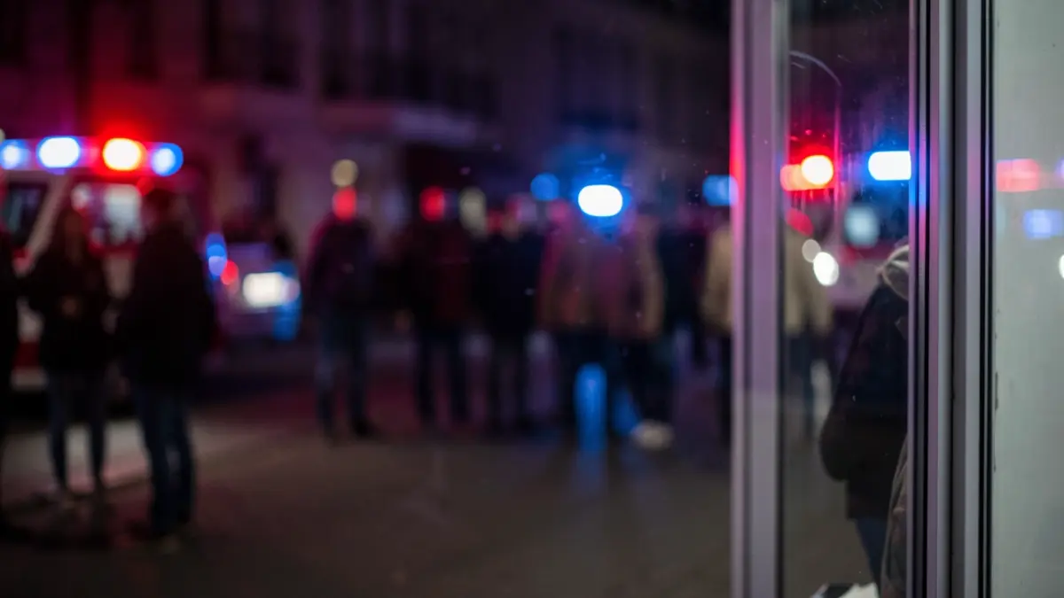 Generic image of shop windows at night, illuminated by blue and red emergency lights, with a dark street in the background.