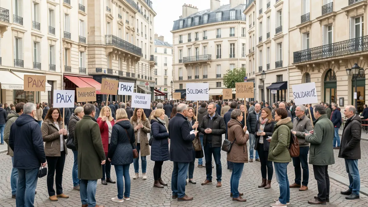 Image générique de citoyens exprimant pacifiquement leur inquiétude et appelant au dialogue dans un espace public de banlieue.