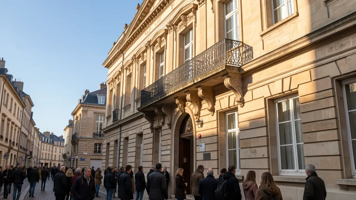 Image générique de la façade d'un hôtel de ville en pierre avec balcon orné et balustrade en fer forgé, sous un soleil d'après-midi.