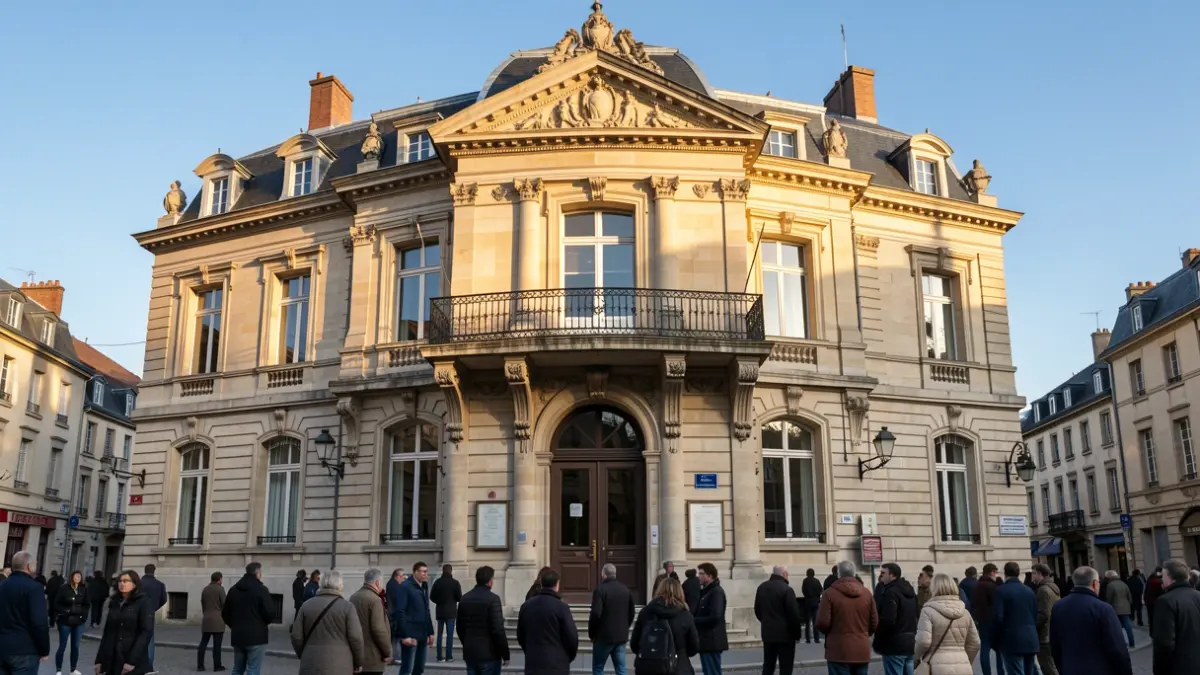 Image générique d'une façade de mairie en pierre de style haussmannien, avec un balcon orné et des barreaux en fer forgé, sous un soleil d'après-midi.