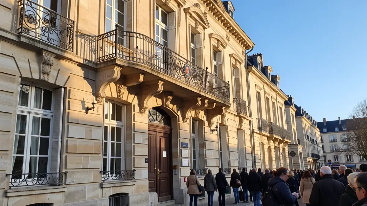 Façade en pierre d'un hôtel de ville de l'Île-de-France avec balcon orné et balustrade en fer forgé, sous un soleil d'après-midi.