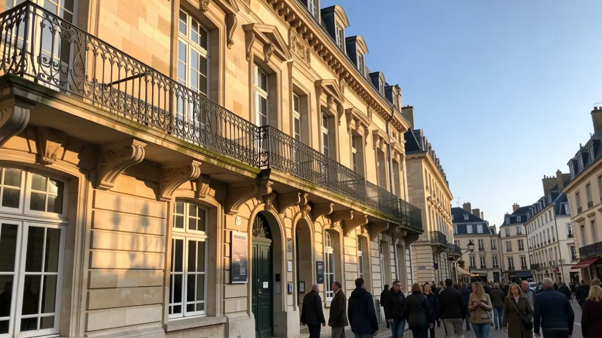 Image générique de la façade d'un hôtel de ville en pierre avec balcon orné et balustrade en fer forgé, sous le soleil d'après-midi.