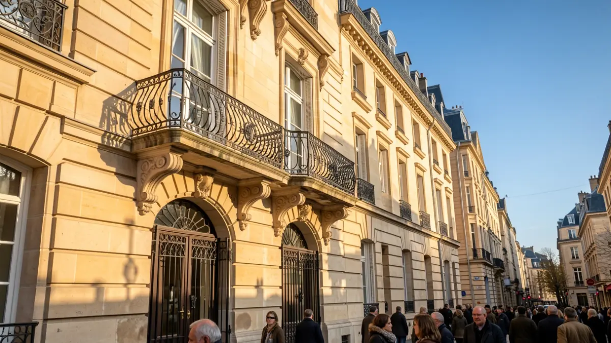 Stone facade of a Île-de-France town hall with ornate balcony and iron railings, warm afternoon sunlight casting shadows on the sandstone walls, blue sky.