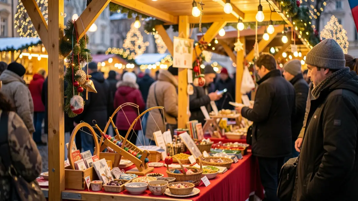 Generic image of a Christmas market stall with games and items for sale, in a festive and charitable atmosphere.