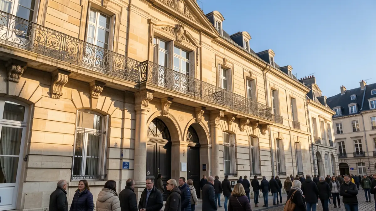 Generic image of a stone town hall facade in the Haussmannian style, featuring an ornate balcony and iron railings, under a clear blue sky with afternoon sunlight.