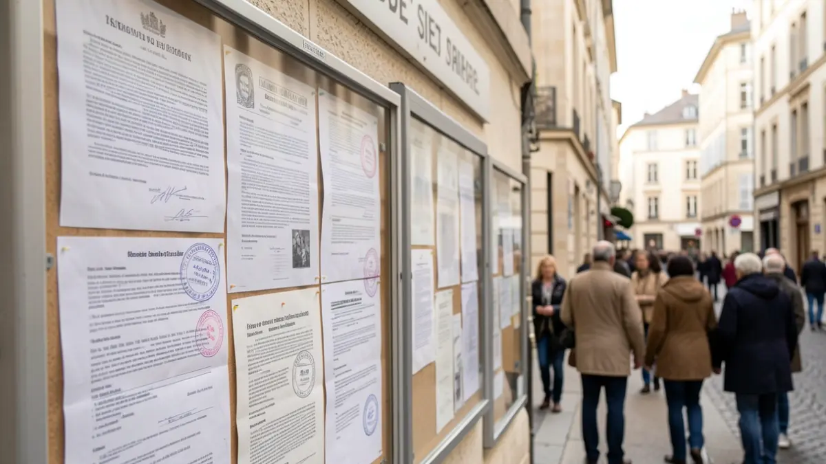 Generic image of a public notice board in a French town hall, displaying official documents and announcements.