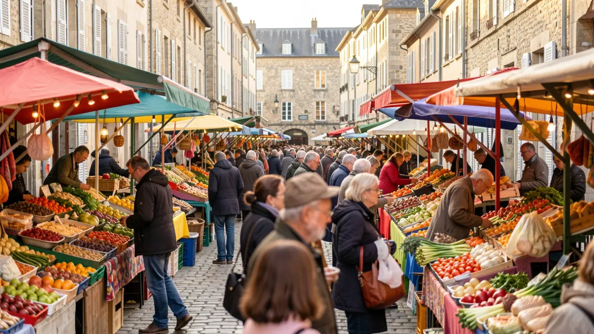 Image générique d'un marché gourmand en extérieur, avec des stands de nourriture et des produits locaux, dans une ambiance festive.
