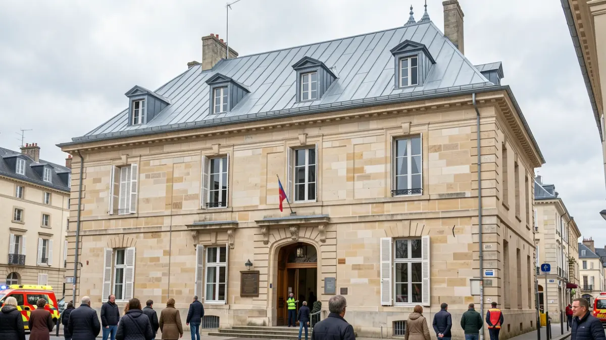 Facade of a town hall in Île-de-France under an overcast sky.