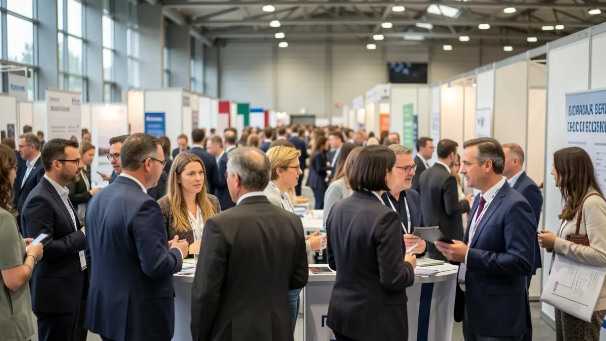Generic image of a lively job fair in a conference center in Île-de-France, with diverse attendees interacting with recruiters.