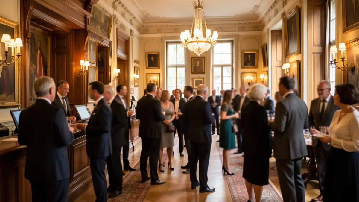 Image générique d'une réception dans un bâtiment officiel, avec des invités en tenue formelle et une architecture élégante.