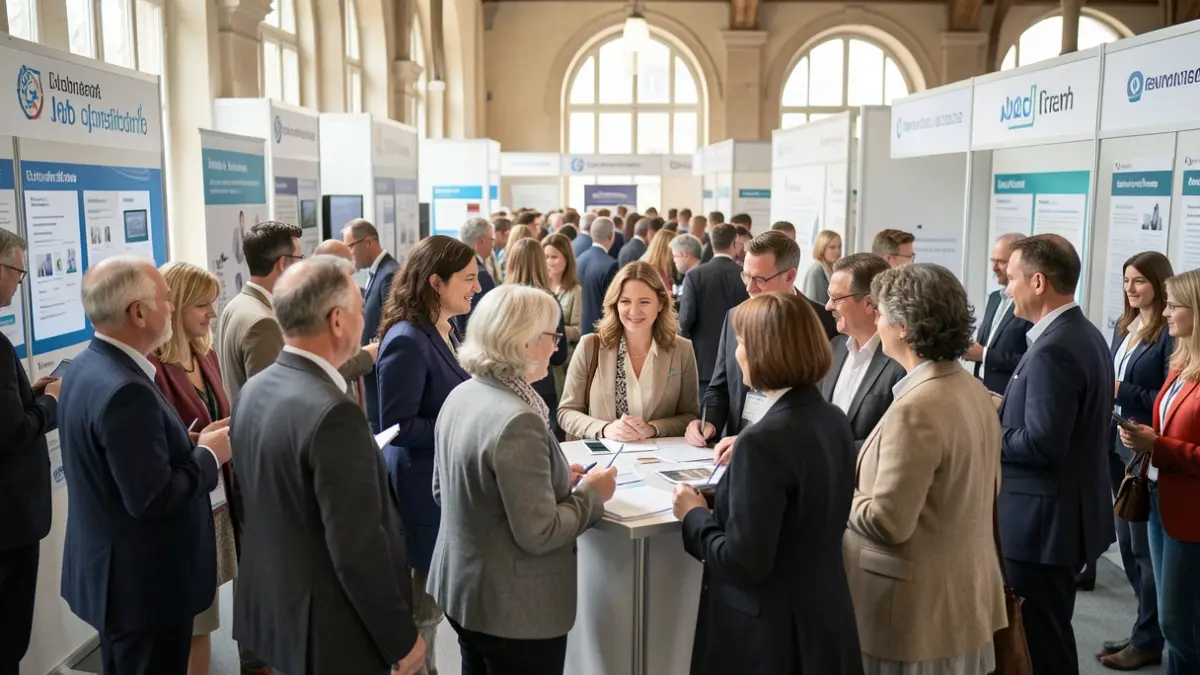 Image générique de personnes participant à un salon de l'emploi, interagissant avec des représentants d'entreprises.