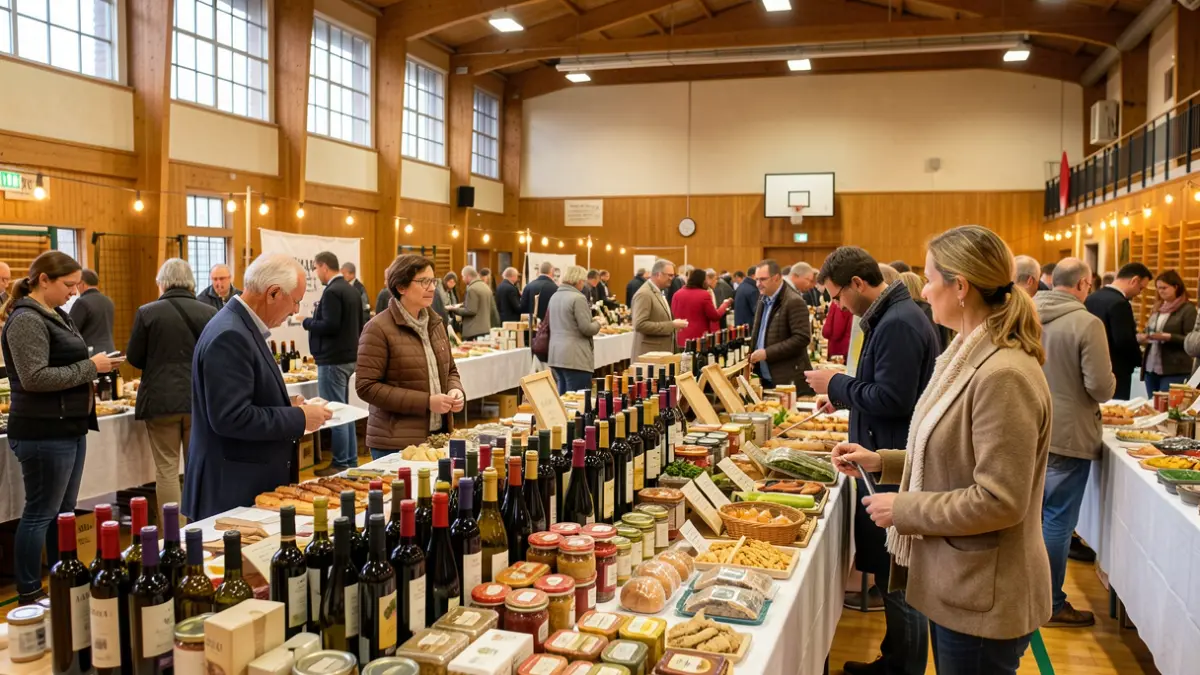 Image générique d'un salon des vins et terroirs avec des stands de produits et des visiteurs.