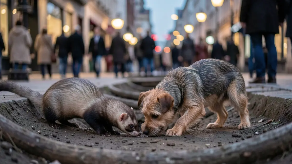 Furet et chien terrier dans des galeries souterraines pour la dératisation à Sannois.