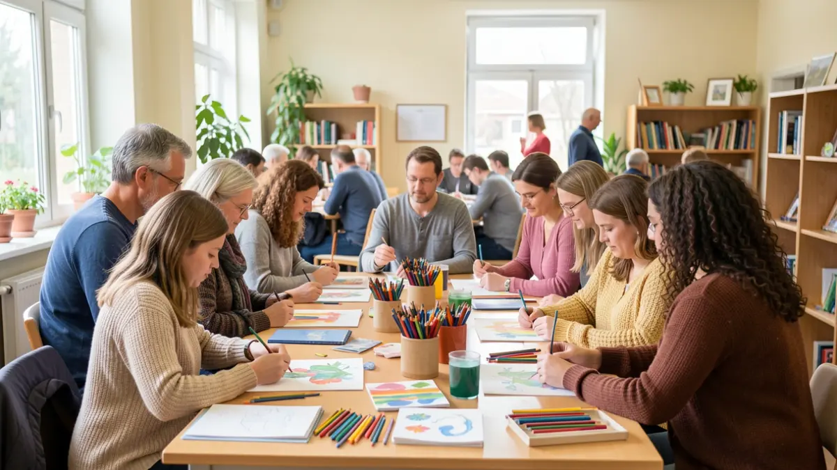 Image générique d'une salle communautaire animée avec des participants engagés dans des activités thérapeutiques et artistiques.