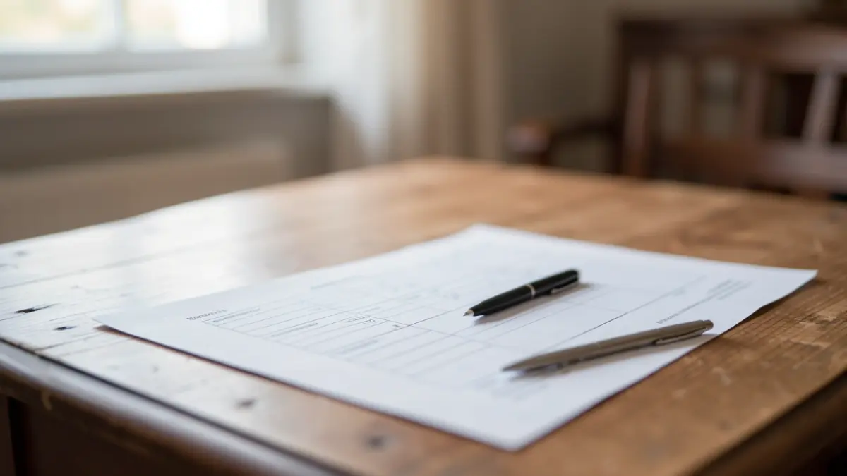 Image générique d'un formulaire de questionnaire sur un bureau en bois avec un stylo, lumière naturelle douce, faible profondeur de champ.