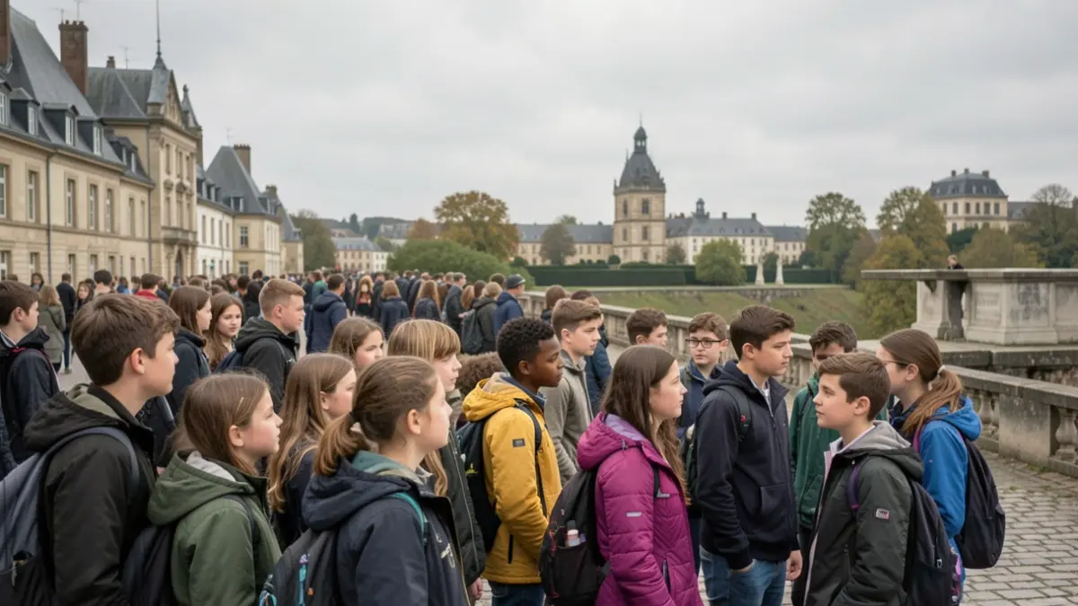 Image générique d'élèves de collège visitant un site historique en France, avec une architecture ancienne en arrière-plan.