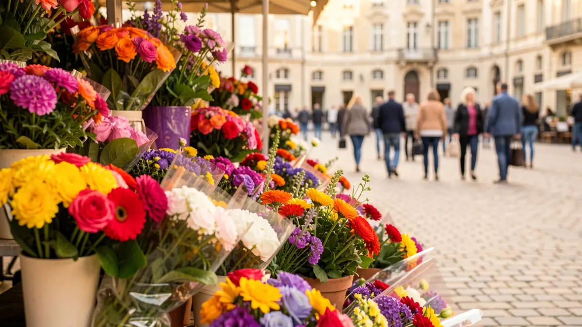 Image générique de fleurs et de biens floraux vendus sur un étal temporaire dans une rue de Sarcelles.