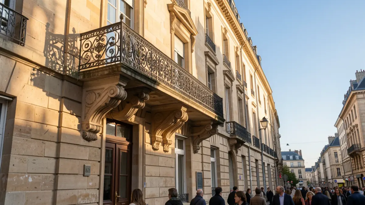 Image générique de la façade d'un hôtel de ville en pierre avec un balcon orné et des barreaux en fer, sous un chaud soleil d'après-midi.