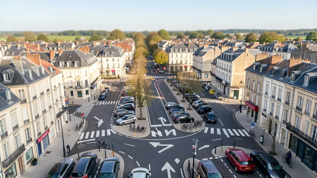 Generic image of traffic calming measures in a French town, showing reorganized streets and adapted parking areas.