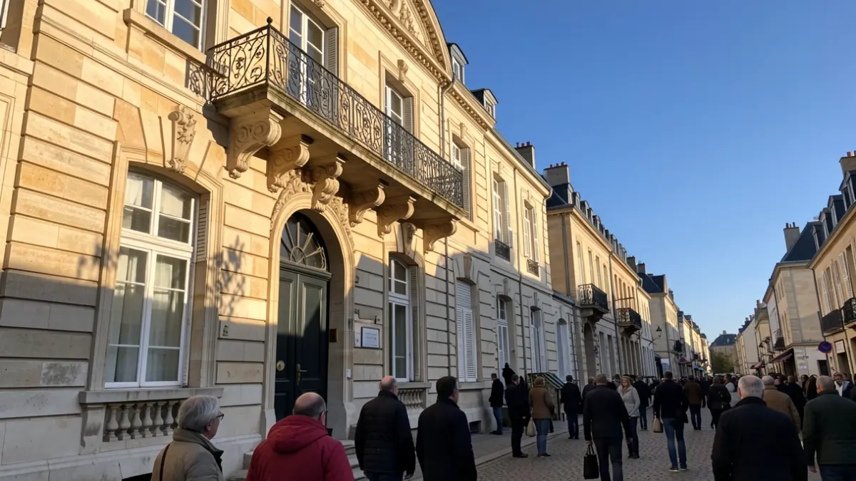 Façade en pierre d'une mairie de la région Île-de-France, avec balcon orné et balustrade en fer forgé, sous un soleil d'après-midi.