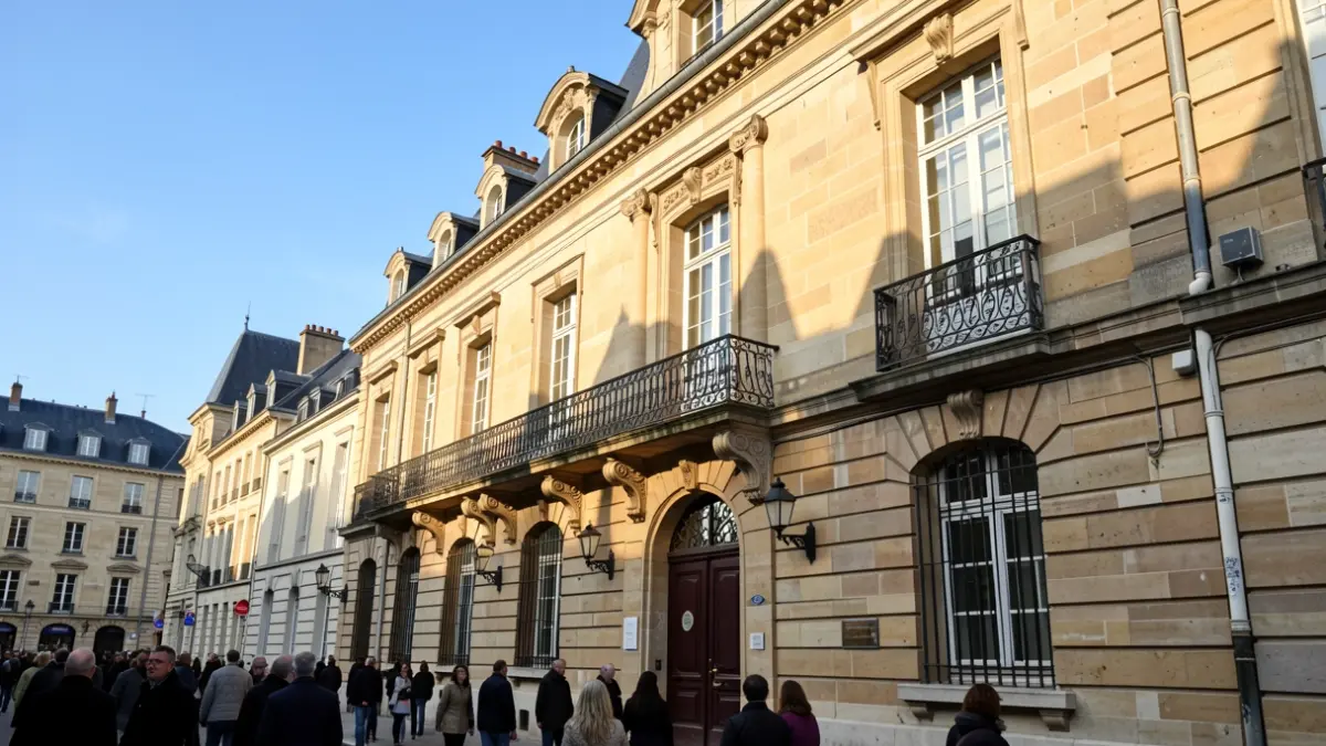 Generic image of a stone town hall facade with an ornate balcony and iron railings, under warm afternoon sunlight.