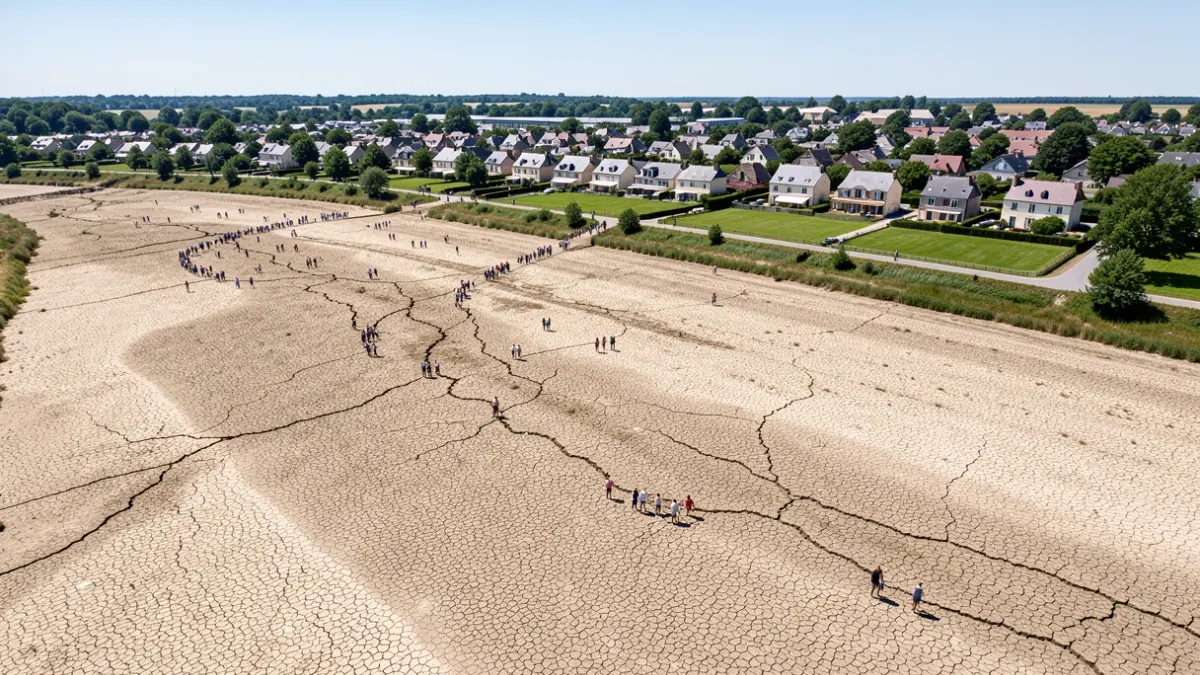 Aerial view of a dry riverbed in Île-de-France, showing signs of drought in a town.