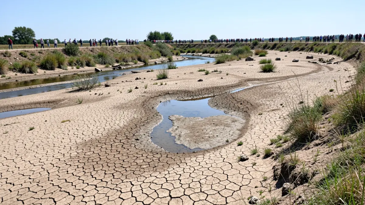 Le lit asséché de la rivière Yerres en Seine-et-Marne, avec des mares d'eau stagnante et une végétation clairsemée.