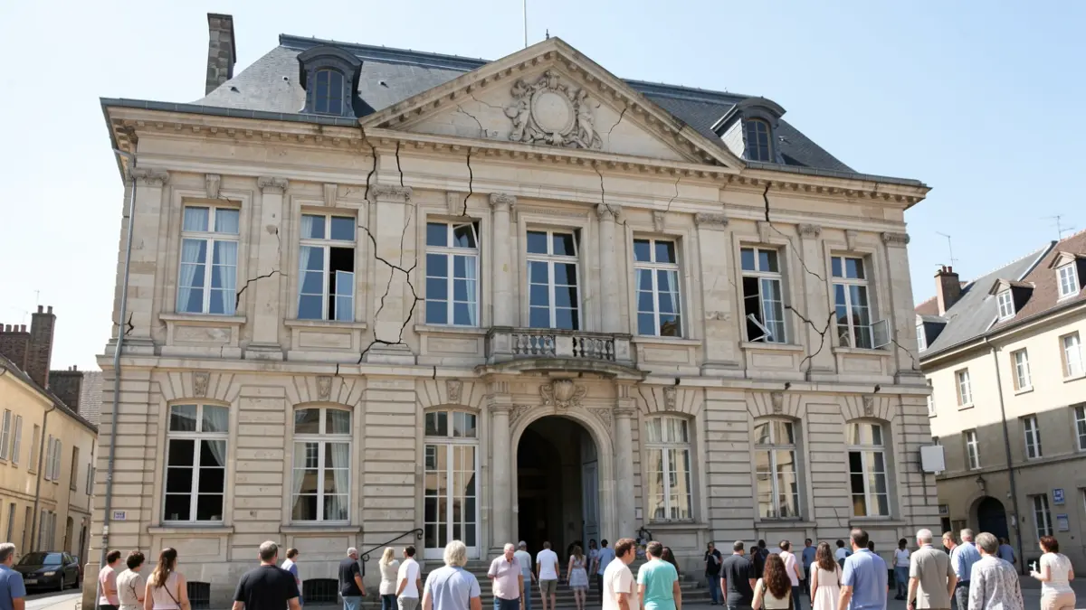 Generic image of a French town hall facade, showing signs of drought.