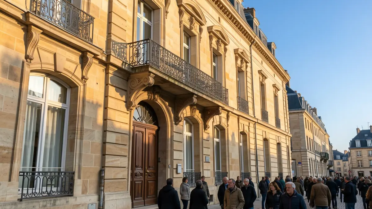 Generic image of a stone town hall facade in Haussmannian style, with an ornate balcony and iron railings, bathed in warm afternoon sunlight.