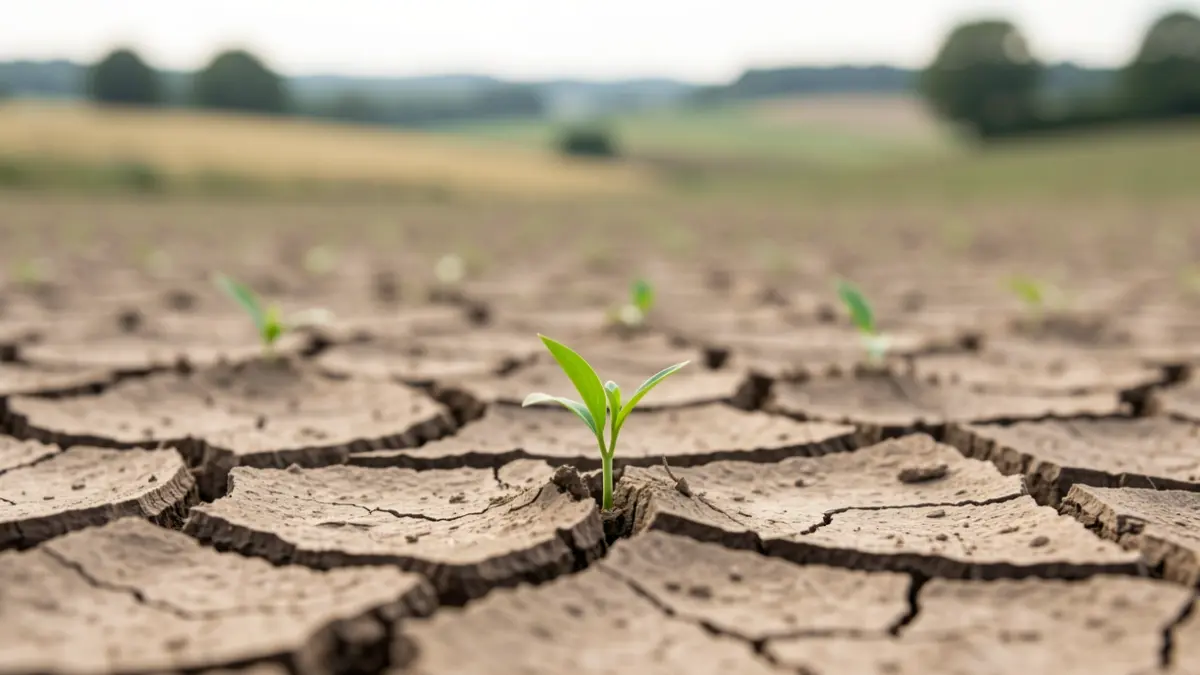 Generic image of cracked earth from drought with a few green sprouts.