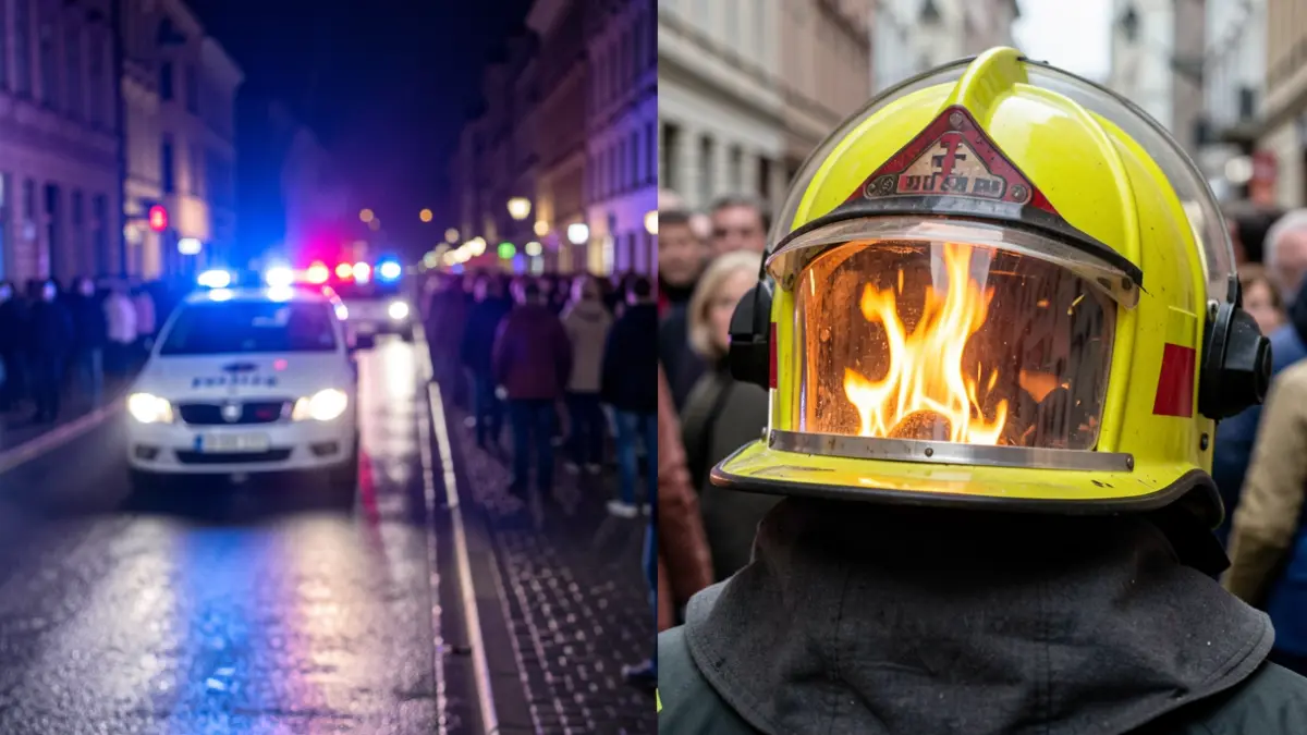 Generic image showing flashing blue and red emergency lights on a wet street at night, and a close-up of a firefighter's helmet with a reflection of flames.
