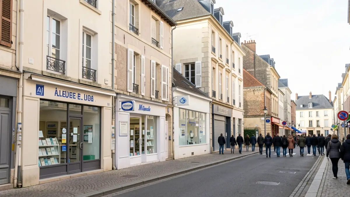 Image générique de la façade d'une pharmacie située dans une rue principale d'un village d'Île-de-France, à proximité d'un centre médical.