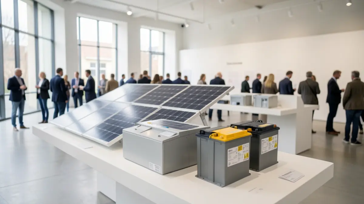 Generic image of a modern exhibition hall with solar panels and battery storage units.
