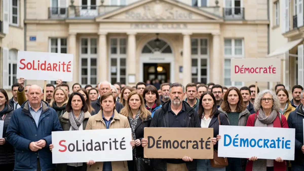 Generic image of a gathering in support in front of a town hall, with signs for solidarity and democracy.
