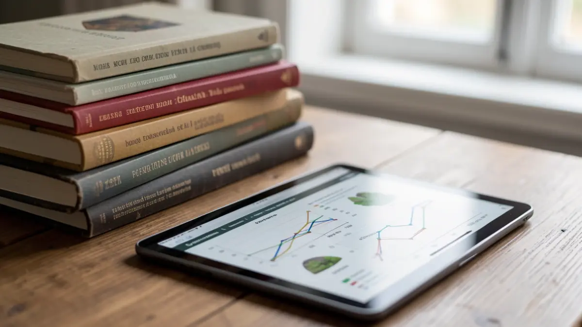 Image générique de livres académiques et d'une tablette affichant des graphiques, sur un bureau en bois.