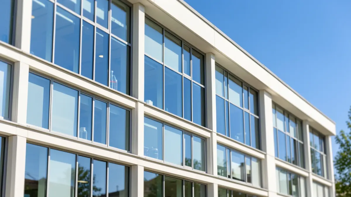 Image générique d'une façade d'université moderne avec de grandes fenêtres sous un ciel bleu clair.