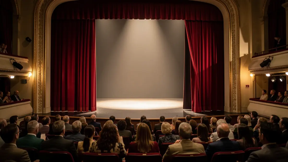 Image générique de rideaux de théâtre rouges entrouverts, avec un projecteur éclairant une scène vide.
