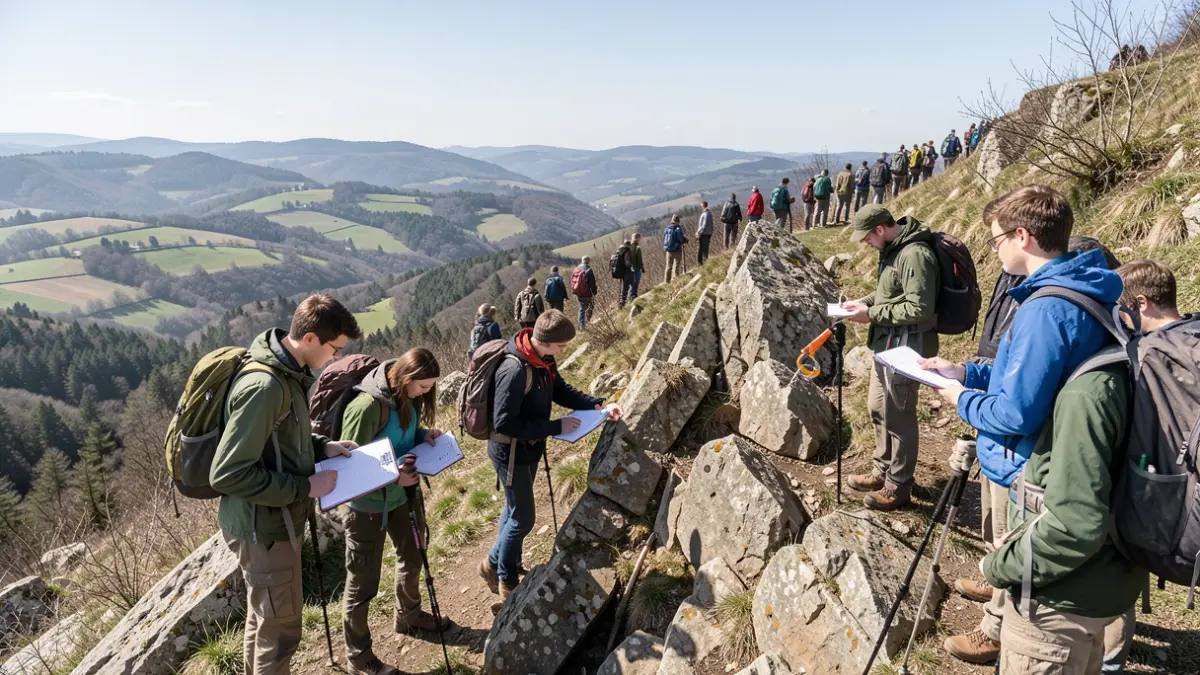 Image générique d'élèves en stage d'observation géologique sur un terrain varié.