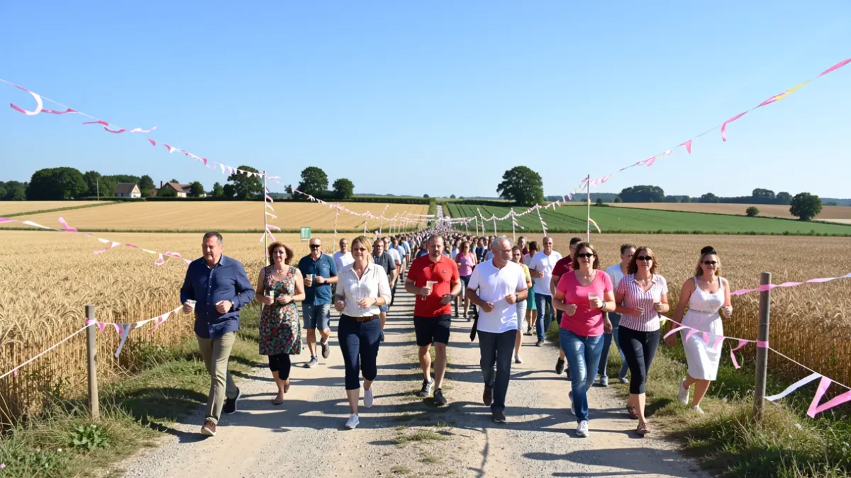 Image générique d'une course solidaire dans un paysage rural français, avec des participants et des éléments festifs.